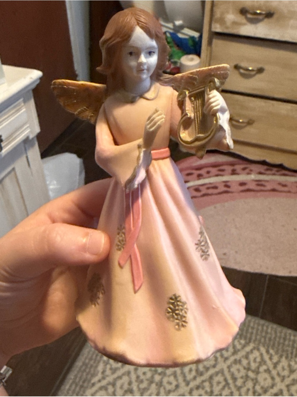British Hong Kong Art Plastics Tree Topper Angel With Harp Figurine 1950 6x3.5”
